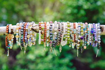 Collection of crystals mineral stone beads yoga bracelets hanging on the branch on natural green bokeh background