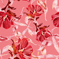 Exotic flowers and leaves, seamless pattern.