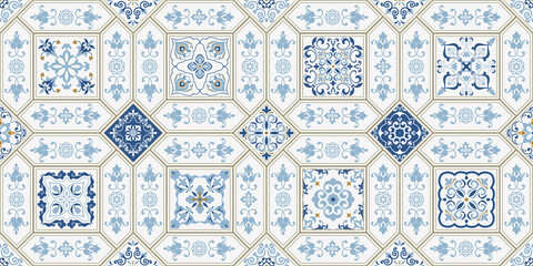 Azulejos tiles patchwork. Hand drawn seamless abstract pattern. Islam, Arabic, Indian, Ottoman motifs. Majolica pottery tile, blue, yellow azulejo. Original traditional Portuguese and Spain decor - obrazy, fototapety, plakaty