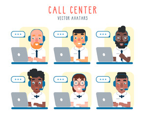 Call center workers at work in their workplaces.  People of different gender and nationality. Vector flat cartoon style illustration.