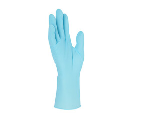 Obraz premium Medical nitrile gloves.Two blue surgical gloves isolated on white background with hands. Rubber glove manufacturing, human hand is wearing a latex glove. Doctor or nurse putting on protective gloves