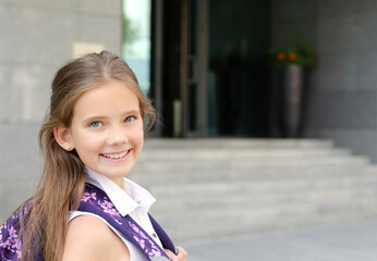 Fototapeta premium Back to school. Education concept. Cute smiling schoolgirl on the way to the school