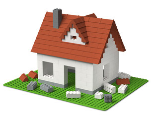 Constructing a house of toy building block tiles 3D