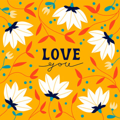 Love you card inspired by medieval style. Flat cartoon vector illustration. Botanical elements with lettering in vintage colors.