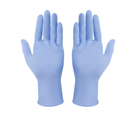 Medical nitrile gloves.Two blue surgical gloves isolated on white background with hands. Rubber...