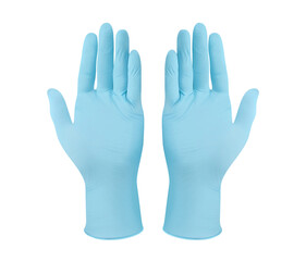 Medical nitrile gloves.Two blue surgical gloves isolated on white background with hands. Rubber glove manufacturing, human hand is wearing a latex glove. Doctor or nurse putting on protective gloves