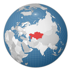 Globe centered to Kazakhstan. Country highlighted with green color on world map. Satellite world projection. Modern vector illustration.