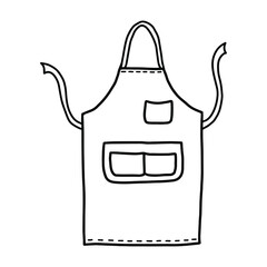 Long apron with three pockets. Black and white hand drawn illustration of an apron with ties. Isolated object on a white background for printing, coloring, decoration.

