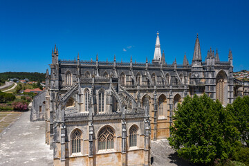 Aerial drone view of Batalha Monastery in Portugal. Dominican convent with manueline style.