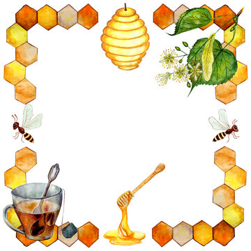 Frame with honeycombs, bees, linden inflorescence, a wooden spoon, a cup of tea and a beehive. Isolated white background. Watercolor hand painted.