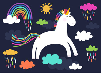 Cute illustration of the unicorn and clouds