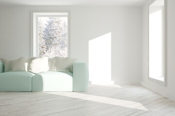 White stylish minimalist room with sofa. Scandinavian interior design. 3D illustration