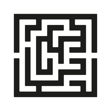 Black square vector maze isolated on white background. Easy labyrinth with one right way. Vector maze icon. Labyrinth symbol. Kids puzzle