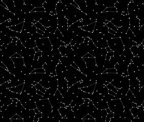 Seamless pattern of the zodiac constellations on the night sky background