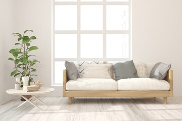 White stylish minimalist room with wooden sofa. Scandinavian interior design. 3D illustration