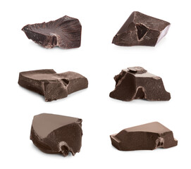 Set with pieces of delicious chocolate on white background