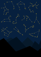 Seamless pattern of the zodiac constellations on the night sky background