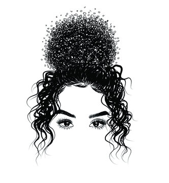 recommend clip art: Curly beauty girl illustration isolated on clear background. Double buns with long hair. Hand draw idea for business cards, templates, web, brochure, posters, postcards, salon