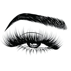 Obraz premium Sleek fashion illustration of the eye with luxe makeup and natural eyebrow. Hand drawn vector idea for business visit cards, templates, web, salon banners,brochures. Microblading visit card