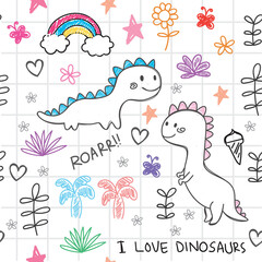 Hand drawn dinosaurs seamless pattern
