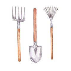 Set of metal shovel, pitchfork and rake. Hand drawn watercolor illustration.