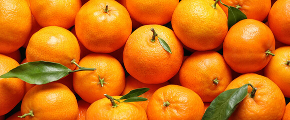 Delicious fresh ripe tangerines as background, top view. Banner design