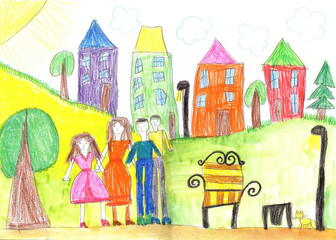 Obraz na płótnie Canvas Child's drawing happy family walk outdoors together