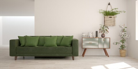 White panoramic minimalist room with green sofa. Scandinavian interior design. 3D illustration