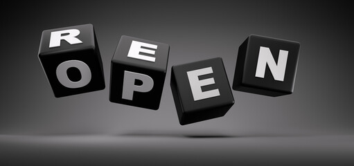 Black dice form the words RE OPEN - 3D illustration