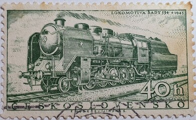 Fototapeta na wymiar Old Czechoslovak stamp from the 1940s with the image of the Radi 534 locomotive 02.Jul.2020 in Sovata city - Romania