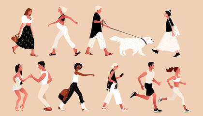Crowd of tiny people wearing stylish clothes. Fashionable men and women, summer outdoor activities. Group of male and female cartoon characters walking dog, dancing, running. Flat vector illustration.
