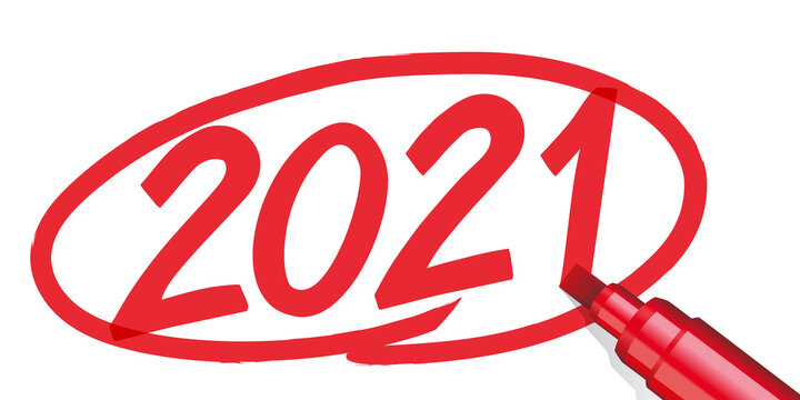 L&rsquo;ann&eacute;e 2021 &eacute;crite &agrave; la main et entour&eacute;e d&rsquo;un cercle rouge sur un fond de papier blanc, avec un feutre ou un marqueur.