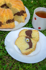 Gugelhupf in green grass, very tasty edible two-colored Czech sweet cake called babovka, ready to eat, daisy flower, tea break