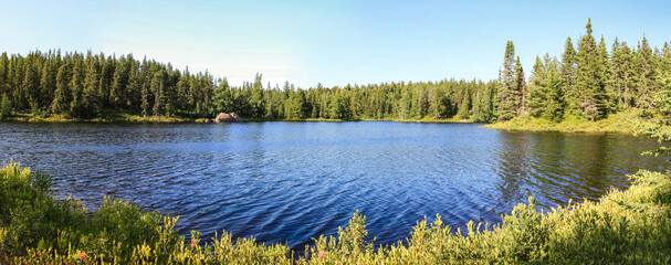Idyllic Blue lake and forest landscape in evening sunset sunlight. Sudbury, Ontario, Canada.