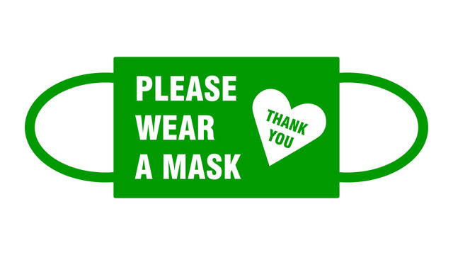 Please Wear a Mask Thank You Warning Sign in a Face Mask Shape with a Heart Symbol. Vector Image.