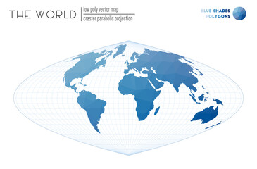 Vector map of the world. Craster parabolic projection of the world. Blue Shades colored polygons. Elegant vector illustration.