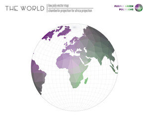 Abstract geometric world map. Chamberlin projection for Africa projection of the world. Purple and green colored polygons. Amazing vector illustration.