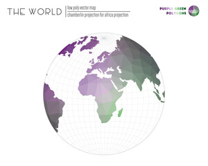 Abstract geometric world map. Chamberlin projection for Africa projection of the world. Purple Green colored polygons. Amazing vector illustration.