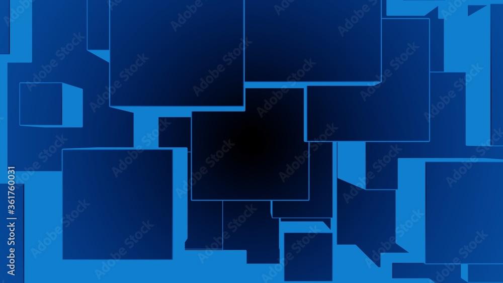 Poster 3d rendering illustration of shiny square shapes background with perspective effect. blue dark and b
