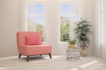 Idea of white stylish minimalist room with pink armchair and summer landscape in window. Scandinavian interior design. 3D illustration