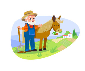 Fototapeta premium Farmer with horse. Countryside background. Old MacDonald . Old farmer stay stay beside horse.