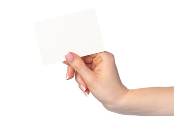 Woman's hand with blank white business card isolated on white