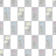 Vector Flowers Daisies in Purple Blue White with Green Leaves on Gray White Background Seamless Repeat Pattern. Background for textiles, cards, manufacturing, wallpapers, print, gift wrap and