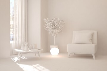 White room with armchair. Scandinavian interior design. 3D illustration