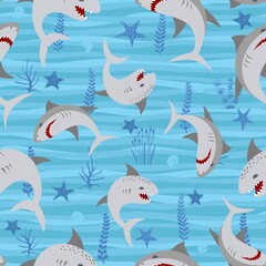 Vector shark sea animal wild with seaweed on sea. Print for summer clothes funny girls or boys. .