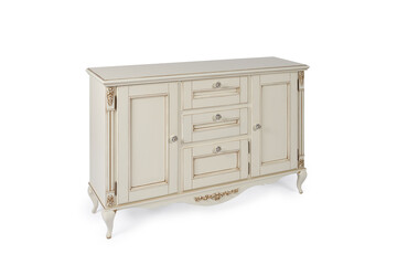 TV stand chest of drawers in classic style made of solid wood on a white background