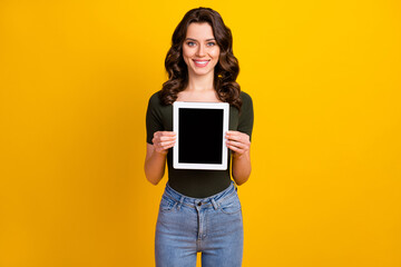 Portrait of her she nice attractive lovely pretty cute cheerful cheery wavy-haired girl holding in...