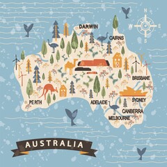 Australia travel map with the cities of Canberra, Melbourne, etc. Cartoon landmarks and wild animal symbol. Sydney Opera House, the Great Barrier Reef, Outback are vast deserts. Vector illustration.