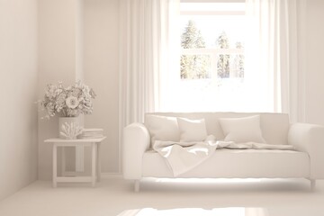 White room with sofa. Scandinavian interior design. 3D illustration