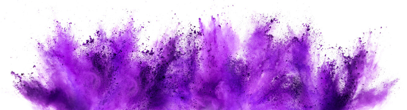 bright purple lilac holi paint color powder festival explosion isolated white background. industrial print concept background
